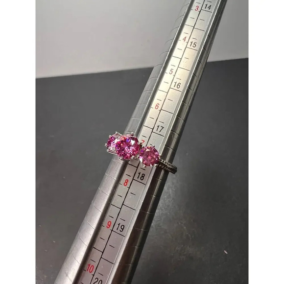 Pink moissanite trilogy ring in platinum over sterling silver size 7 - Picture 8 of 12